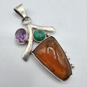 Sterling 925 Artisan Amber Malachite Purple Sapphire Pendant Modernist Statement